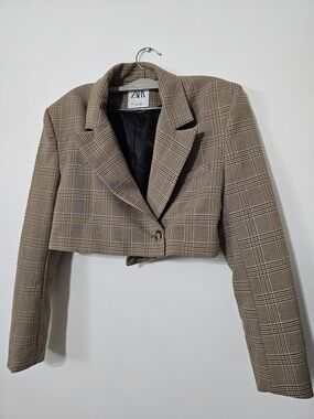 Zara Brown Plaid Cropped Blazer